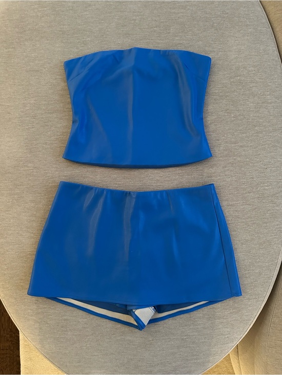 Lovers + Friends Pants - Lovers & Friends Blue Leather Skort & Tube Top Set